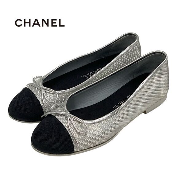 Chanel Flat Shoes Leather Fabric Silver Black Ballet Shoes Coco
